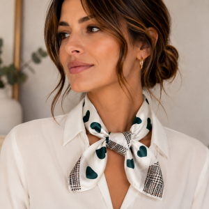 Petit Foulard Satiné Blanc – Cœurs Graphiques