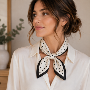 Petit Foulard en Soie Beige à Pois