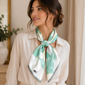 Carré de Soie Vert Femme – Lotus Aquarelle